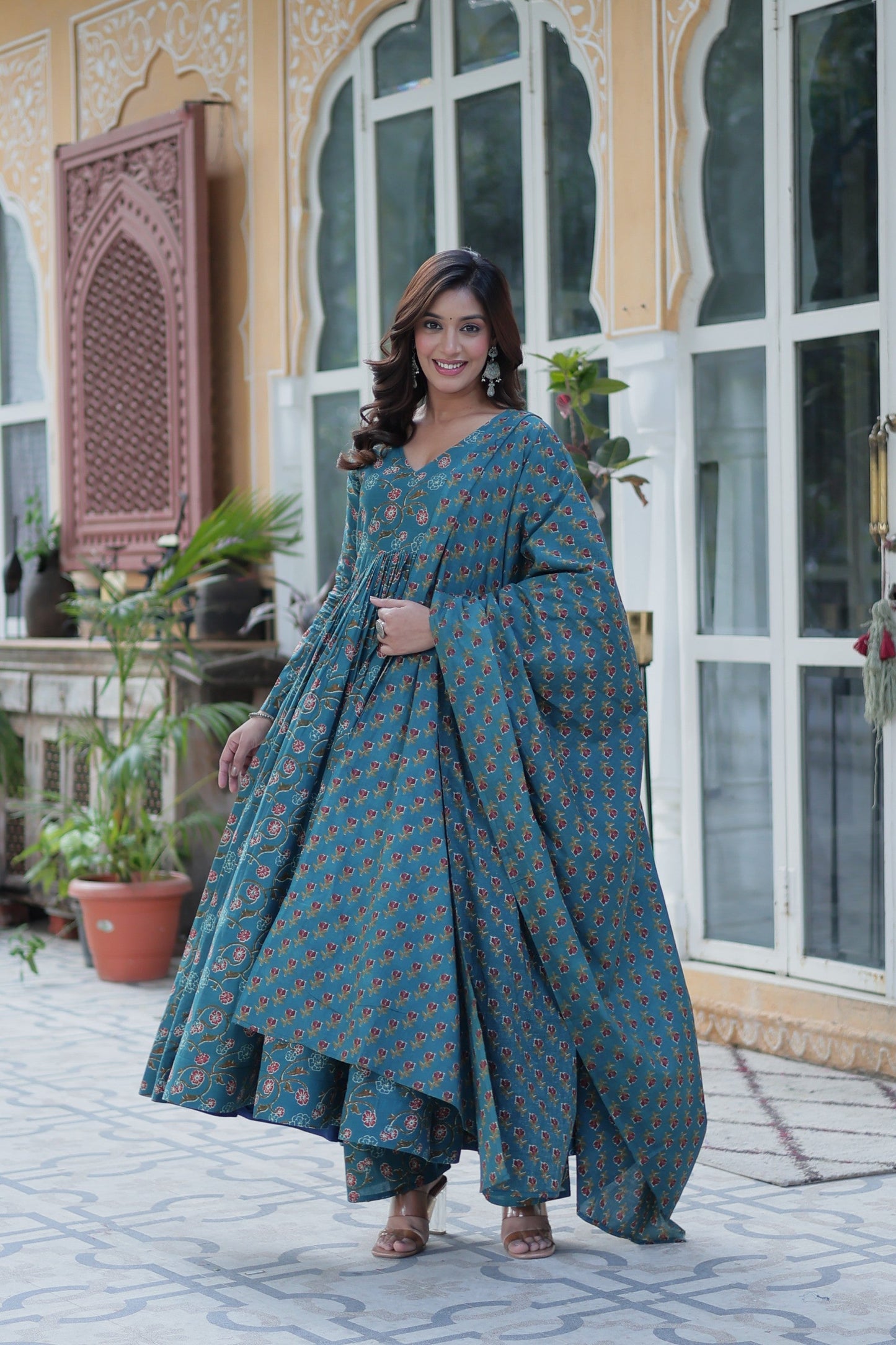 Jyoti Fashion Women's Rama Cotton Printed Designer Anarkali Set with Dupatta | Swadesiicart