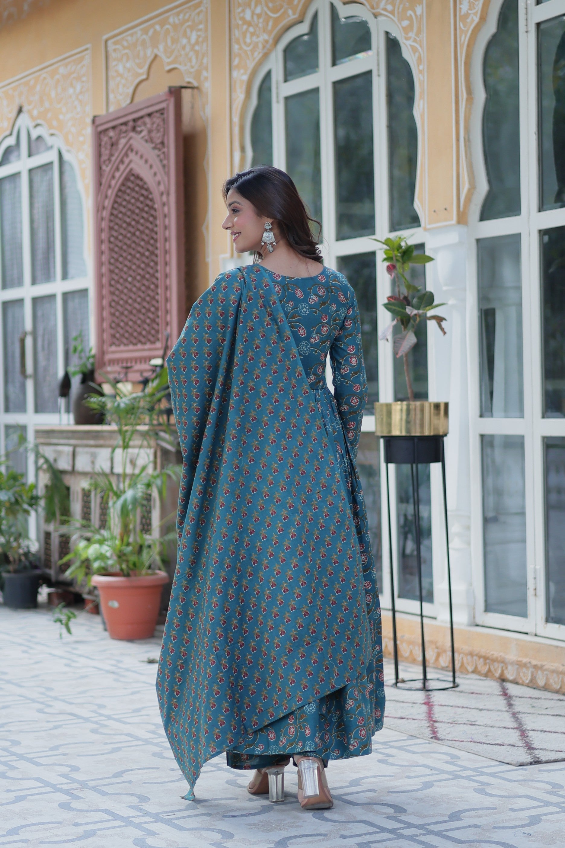 Jyoti Fashion Women's Rama Cotton Printed Designer Anarkali Set with Dupatta | Swadesiicart
