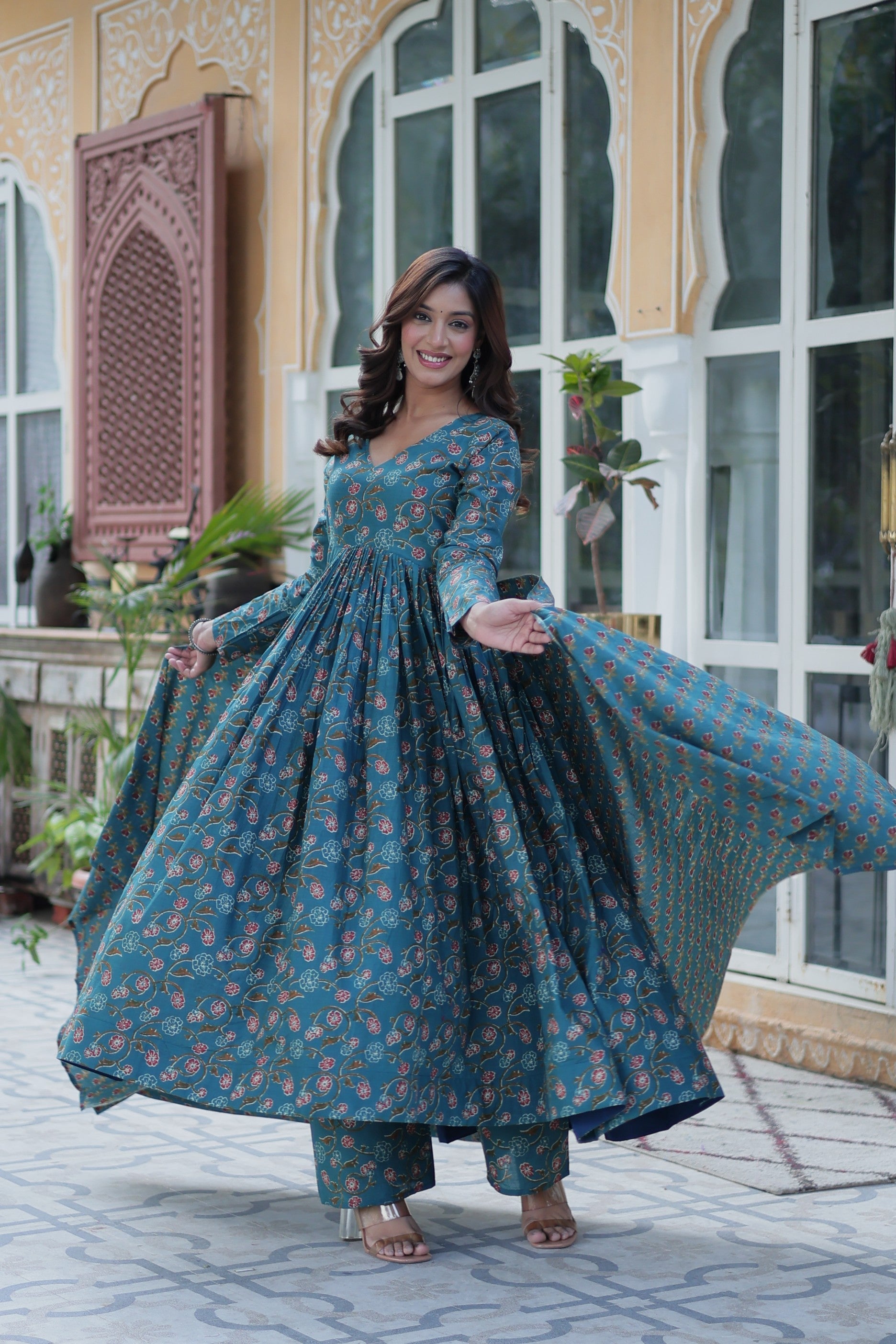 Jyoti Fashion Women's Rama Cotton Printed Designer Anarkali Set with Dupatta | Swadesiicart