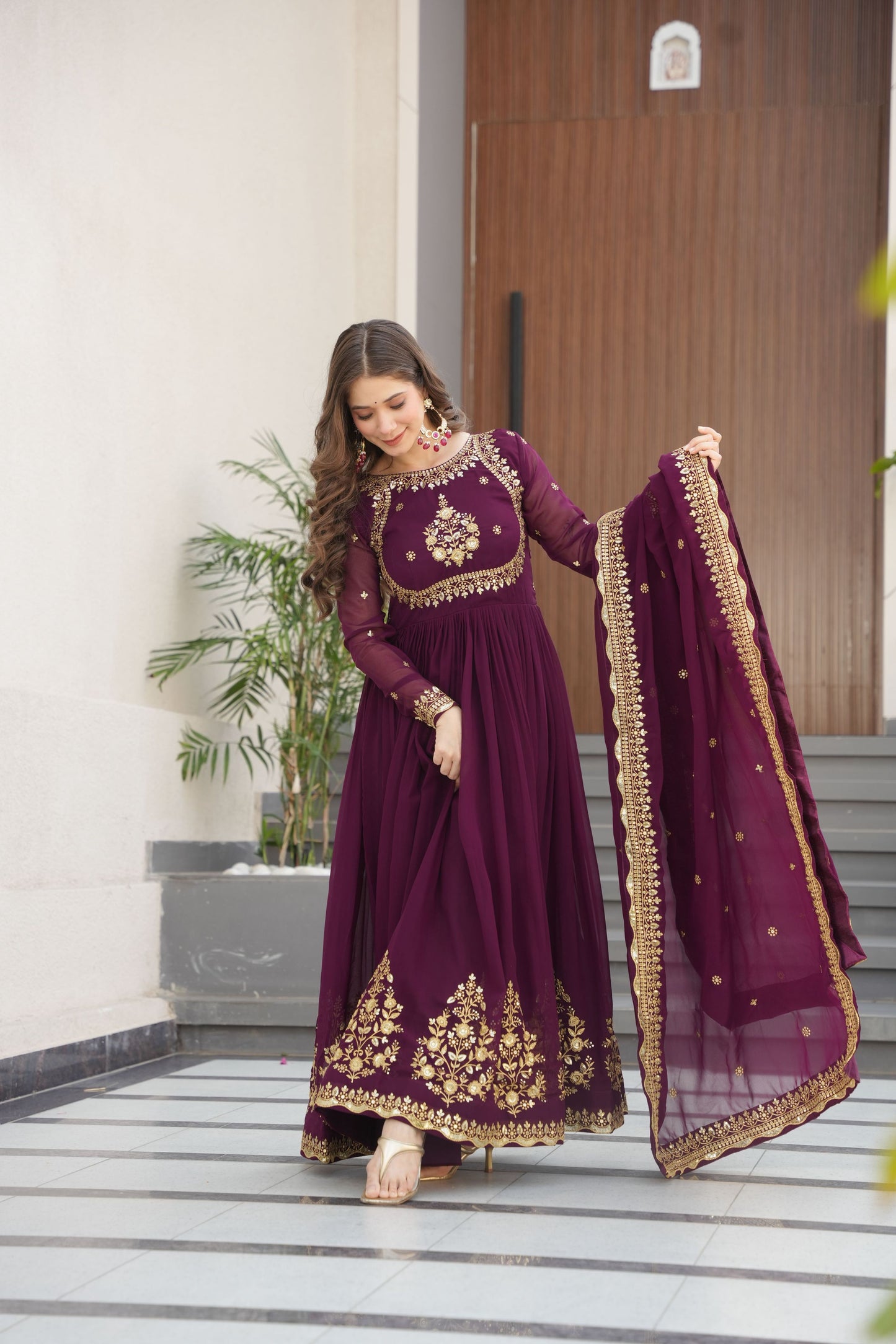 Jyoti Fashion Women's Wine Faux Georgette Zari Thread & Sequins Embroidered Anarkali Set with Dupatta | Swadesiicart