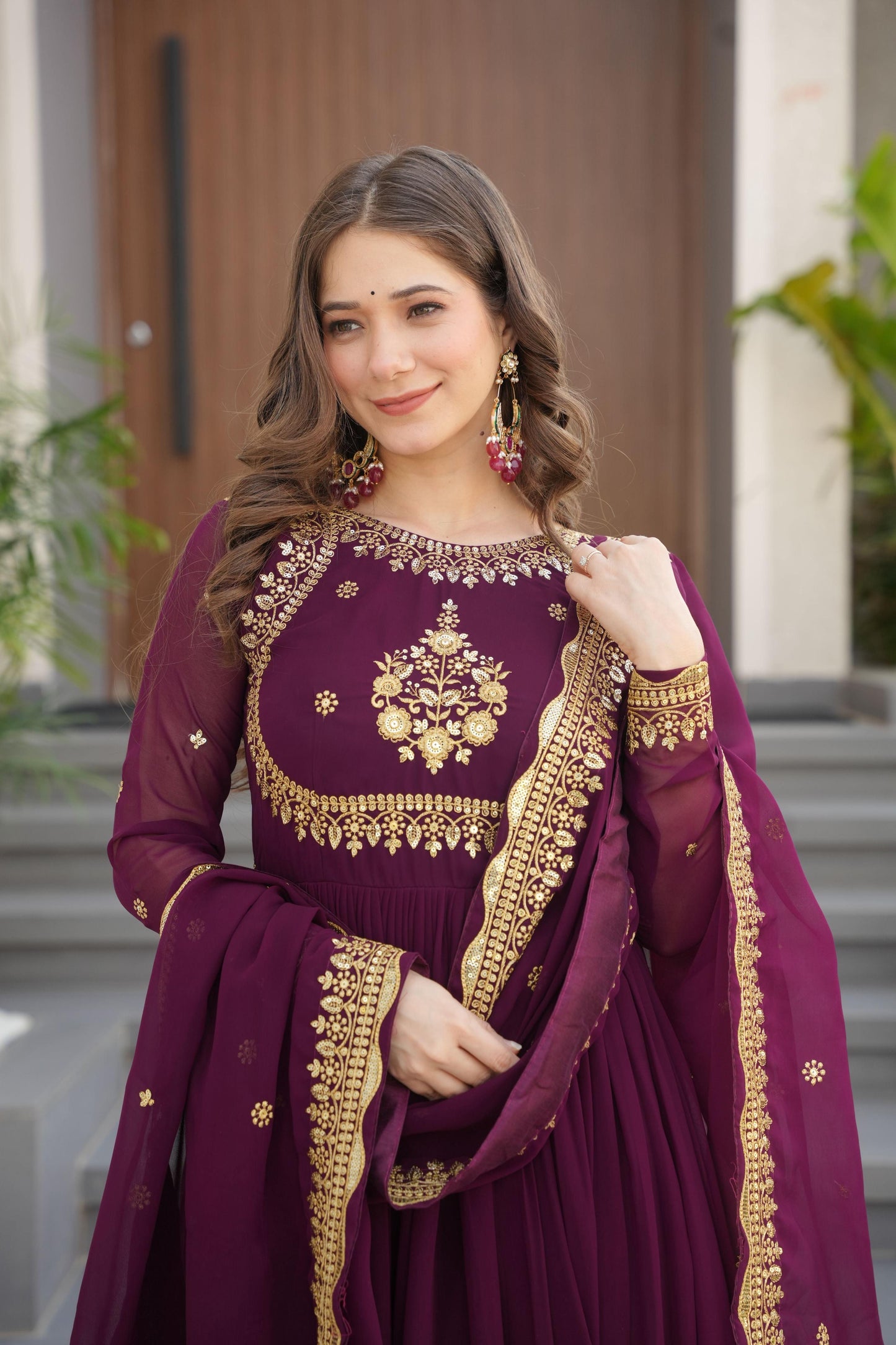 Jyoti Fashion Women's Wine Faux Georgette Zari Thread & Sequins Embroidered Anarkali Set with Dupatta | Swadesiicart