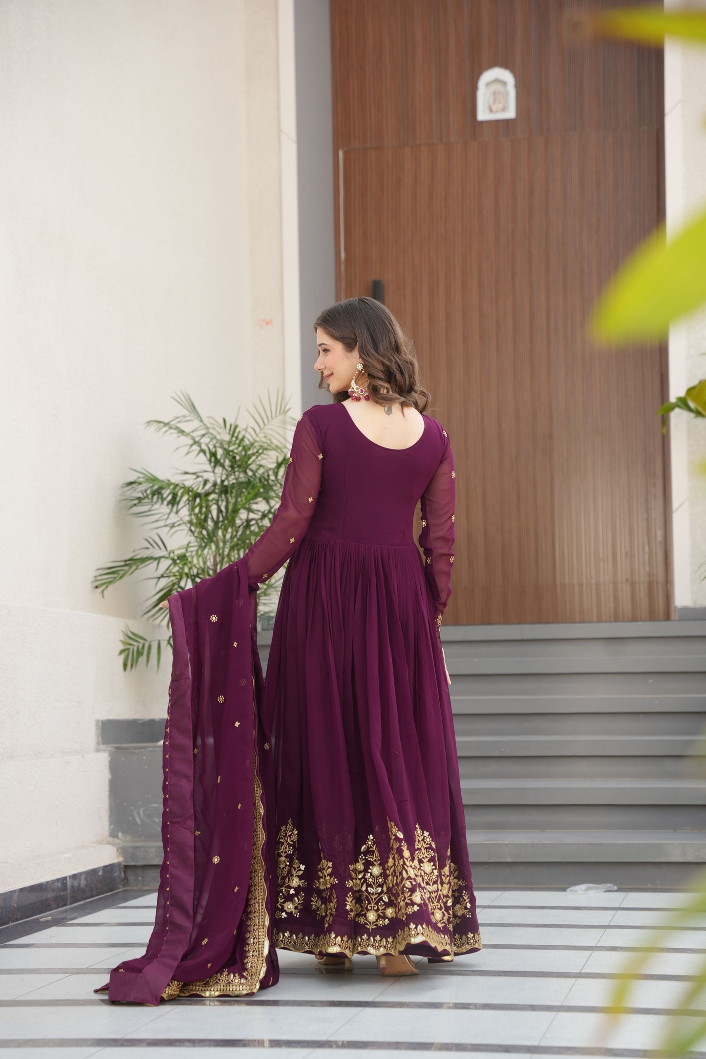 Jyoti Fashion Women's Wine Faux Georgette Zari Thread & Sequins Embroidered Anarkali Set with Dupatta | Swadesiicart