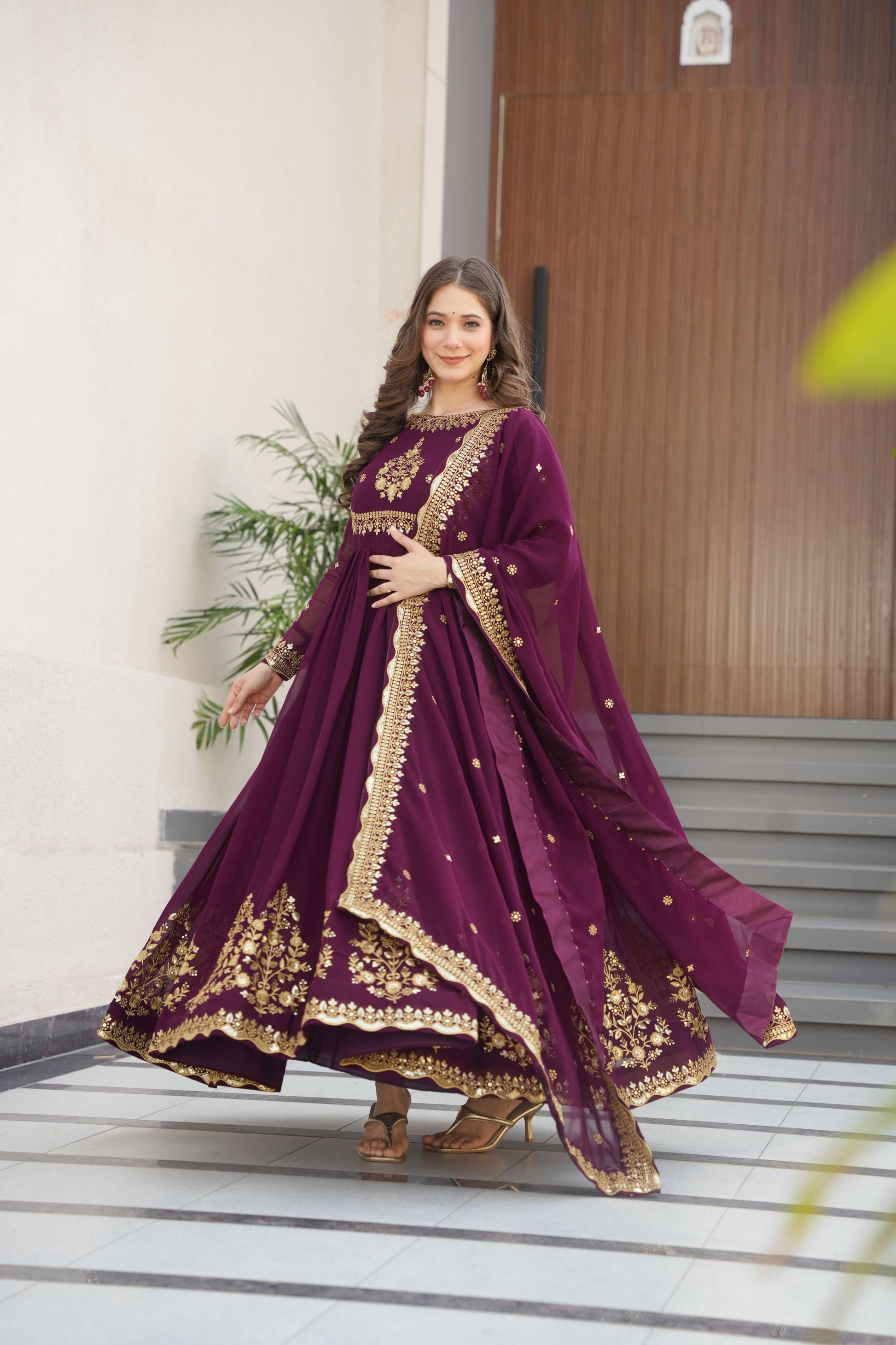 Jyoti Fashion Women's Wine Faux Georgette Zari Thread & Sequins Embroidered Anarkali Set with Dupatta | Swadesiicart
