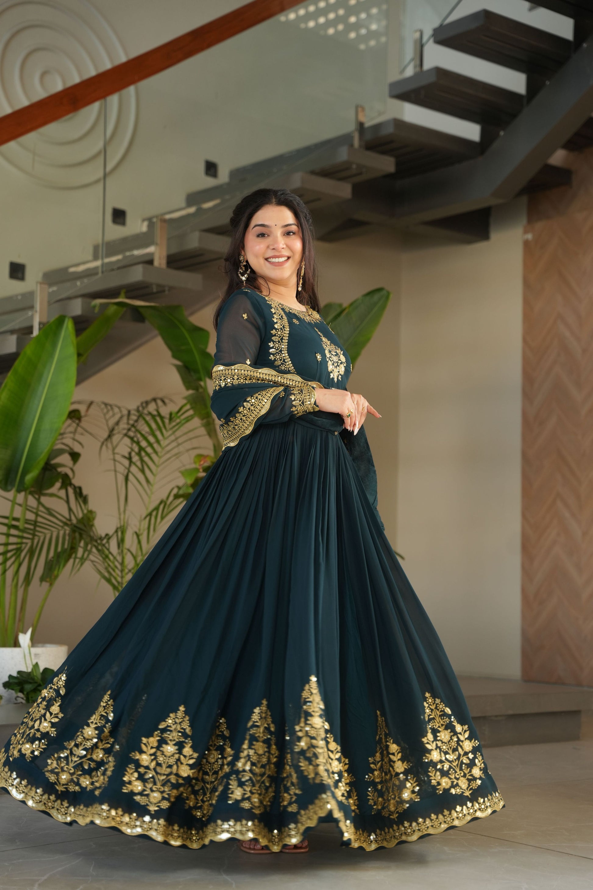 Jyoti Fashion Women's Rama Faux Georgette Zari Thread & Sequins Embroidered Anarkali Set with Dupatta | Swadesiicart