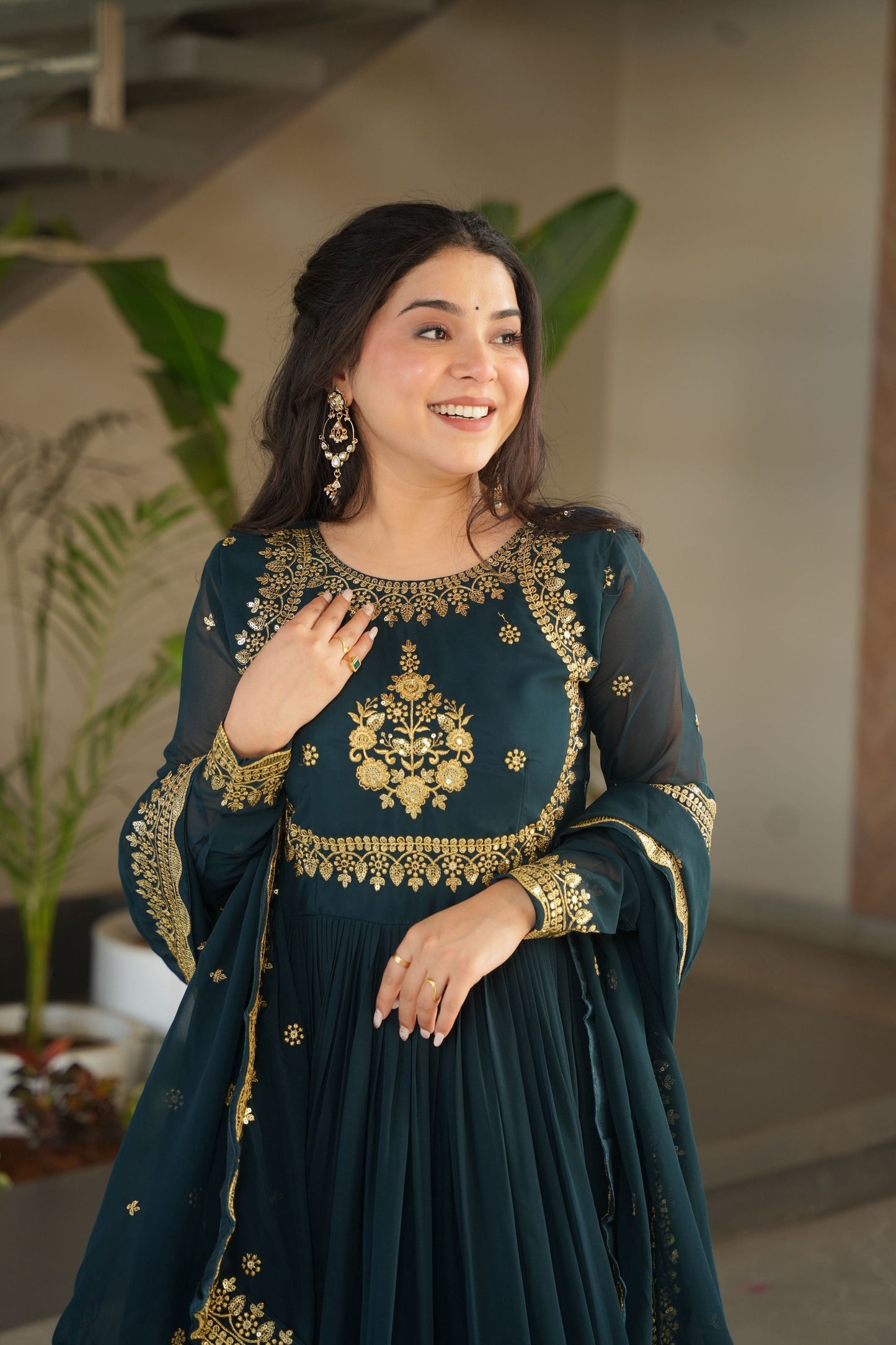 Jyoti Fashion Women's Rama Faux Georgette Zari Thread & Sequins Embroidered Anarkali Set with Dupatta | Swadesiicart