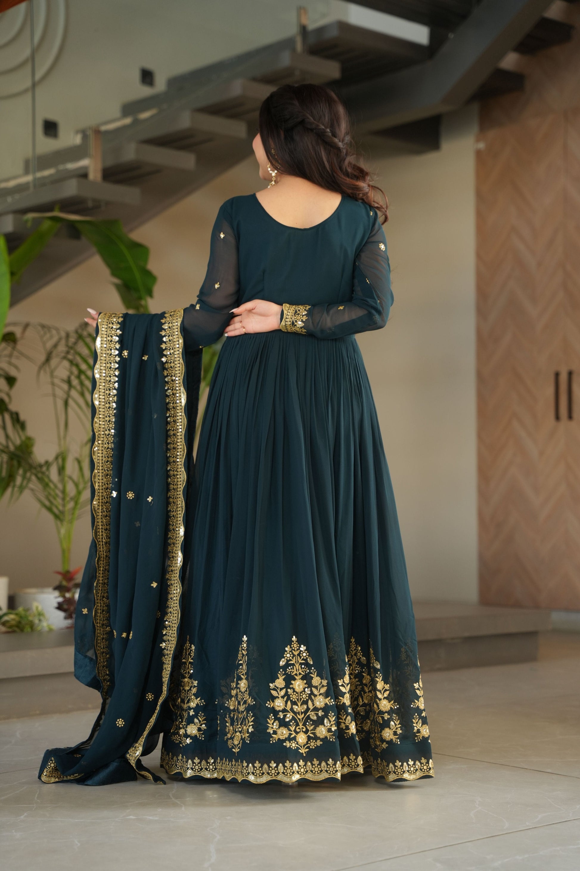 Jyoti Fashion Women's Rama Faux Georgette Zari Thread & Sequins Embroidered Anarkali Set with Dupatta | Swadesiicart