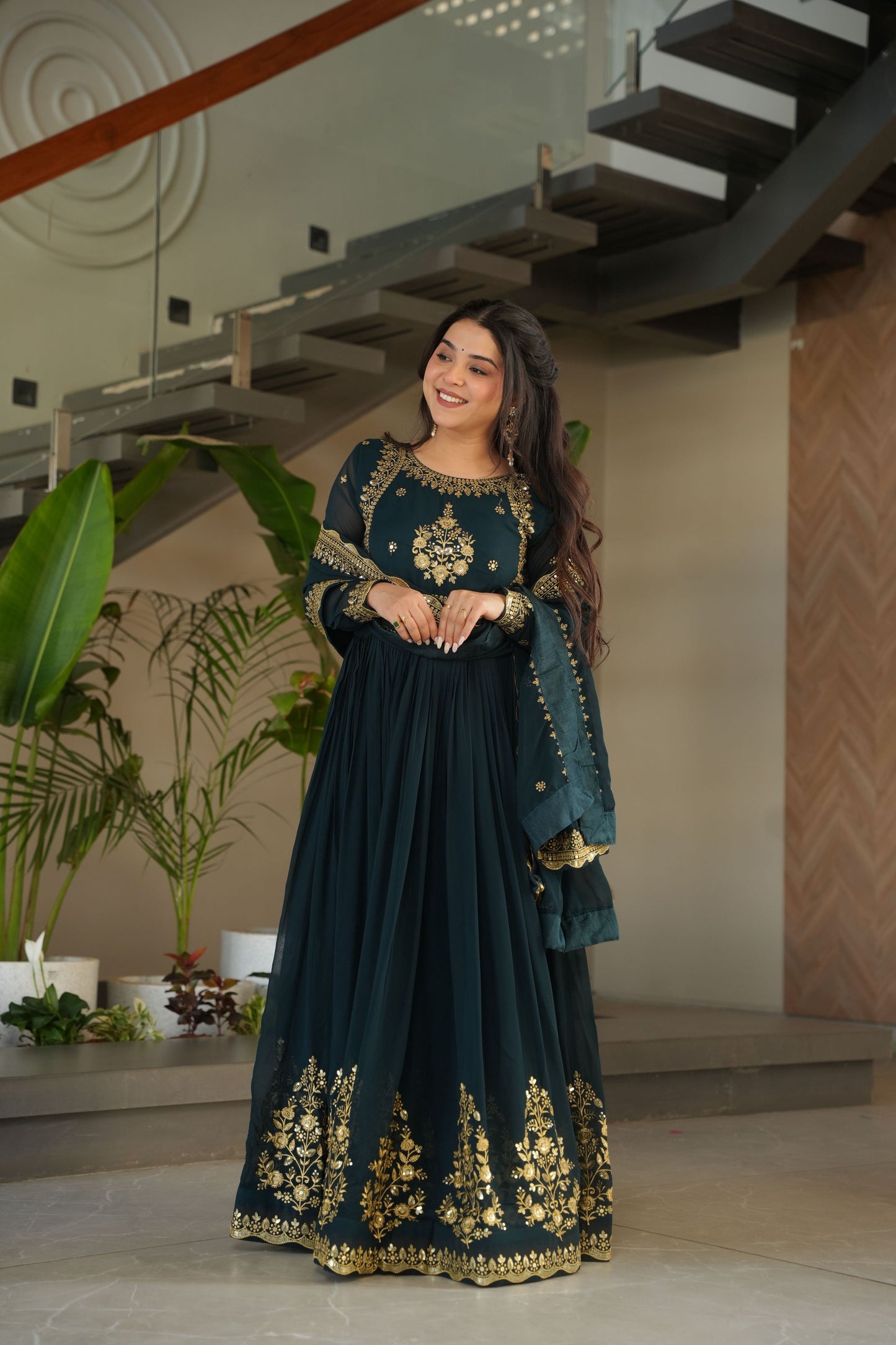Jyoti Fashion Women's Rama Faux Georgette Zari Thread & Sequins Embroidered Anarkali Set with Dupatta | Swadesiicart