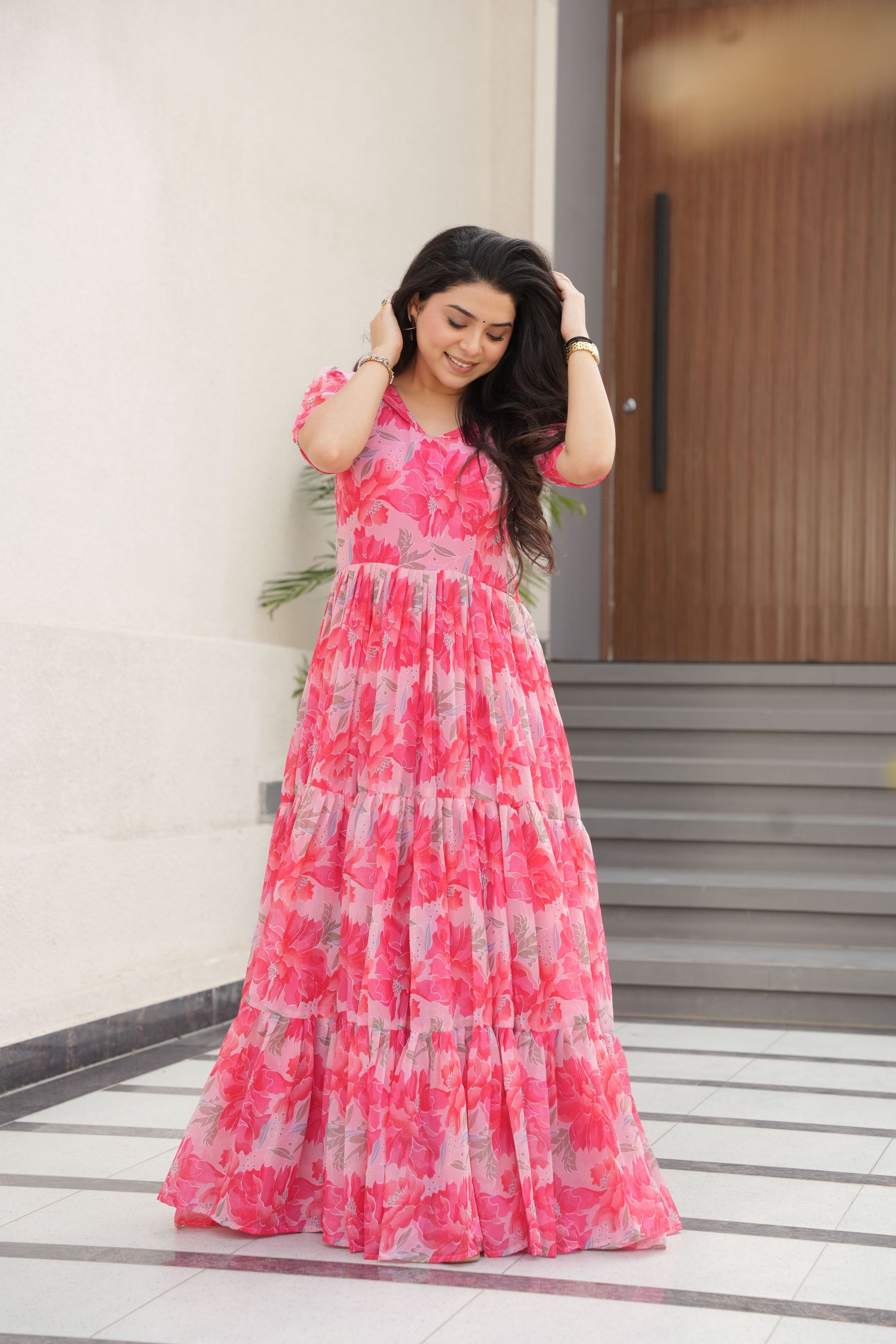 Jyoti Fashion Women's Pink Faux Georgette Floral Printed Designer Long Anarkali | Swadesiicart