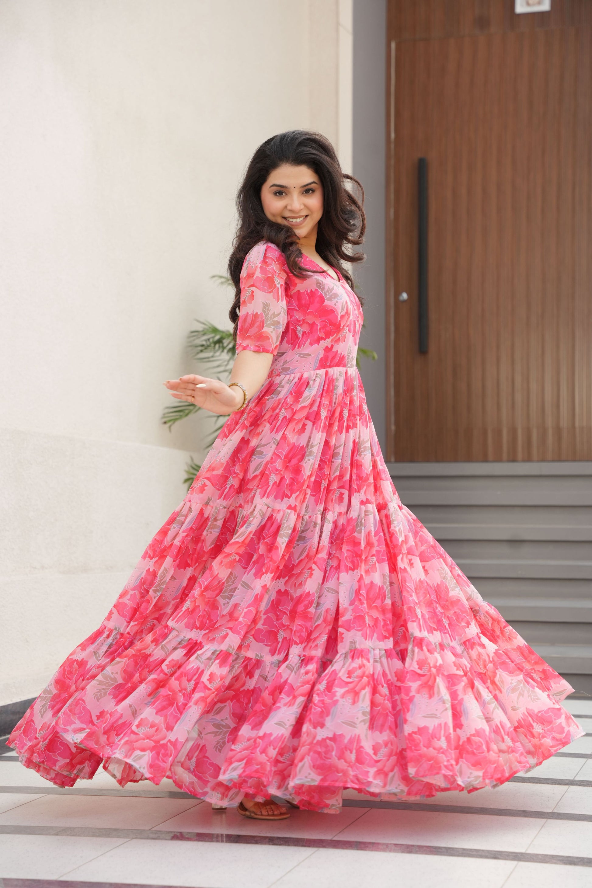 Jyoti Fashion Women's Pink Faux Georgette Floral Printed Designer Long Anarkali | Swadesiicart
