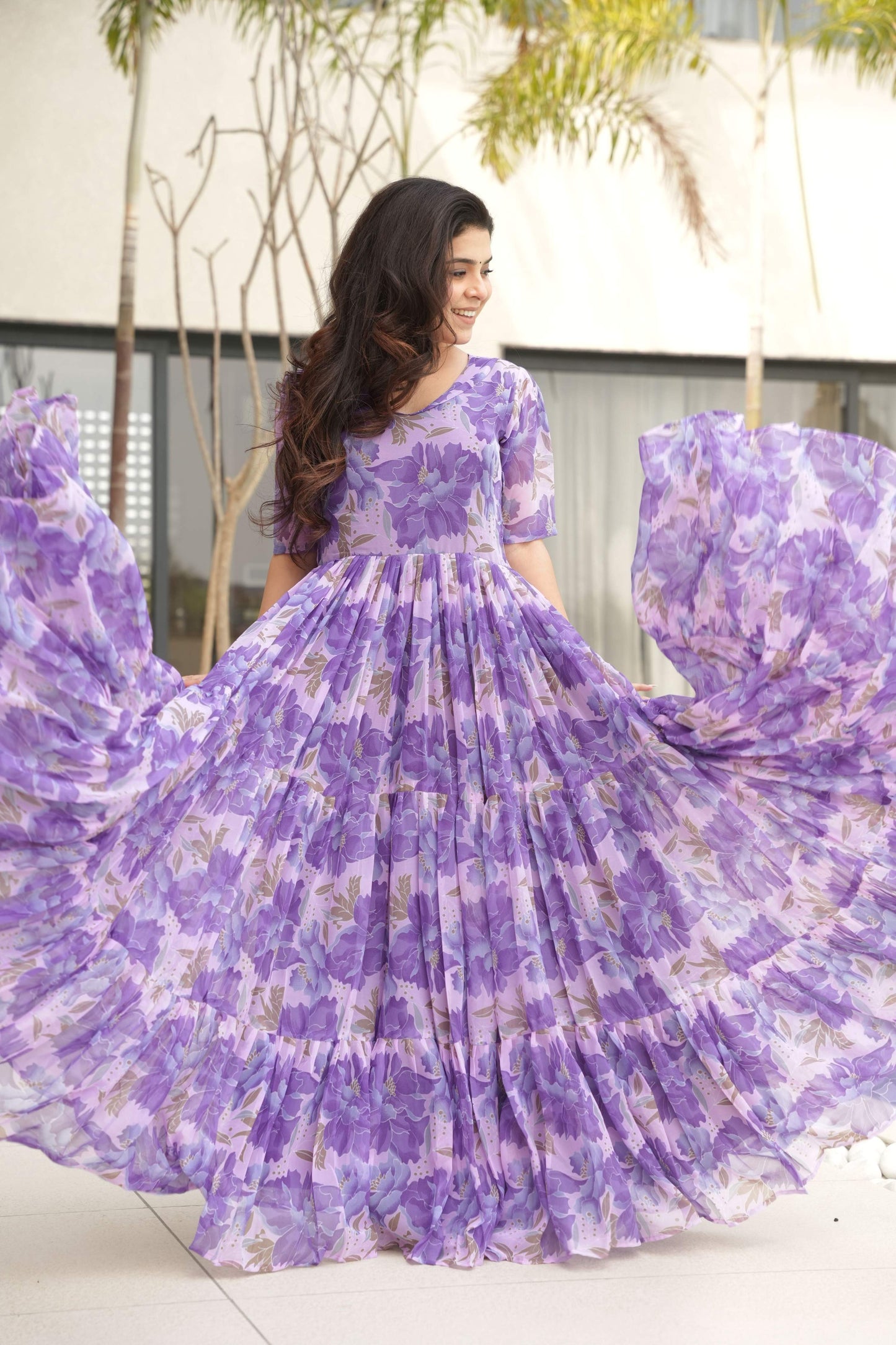 Jyoti Fashion Women's Purple Faux Georgette Floral Printed Designer Long Anarkali | Swadesiicart