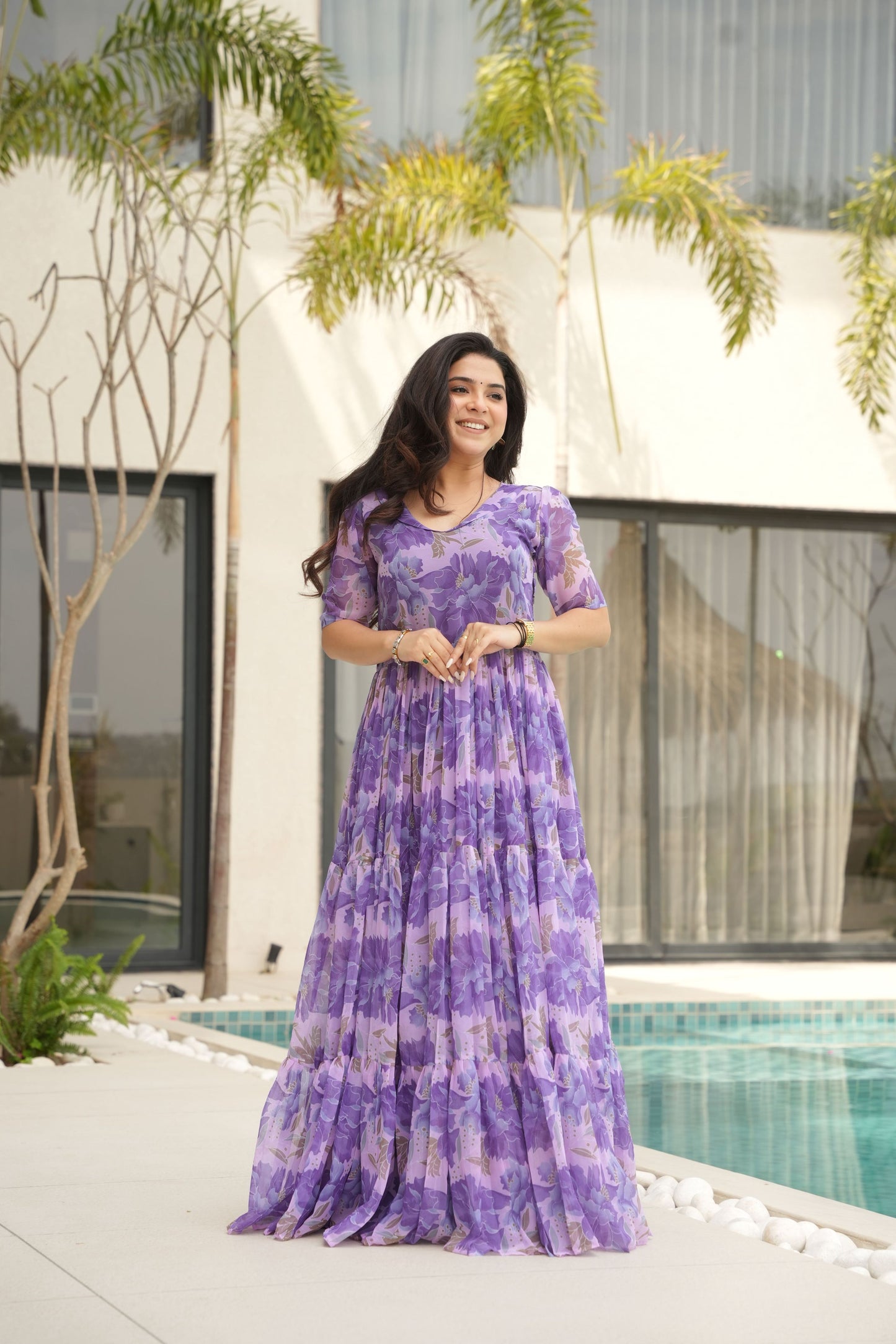 Jyoti Fashion Women's Purple Faux Georgette Floral Printed Designer Long Anarkali | Swadesiicart