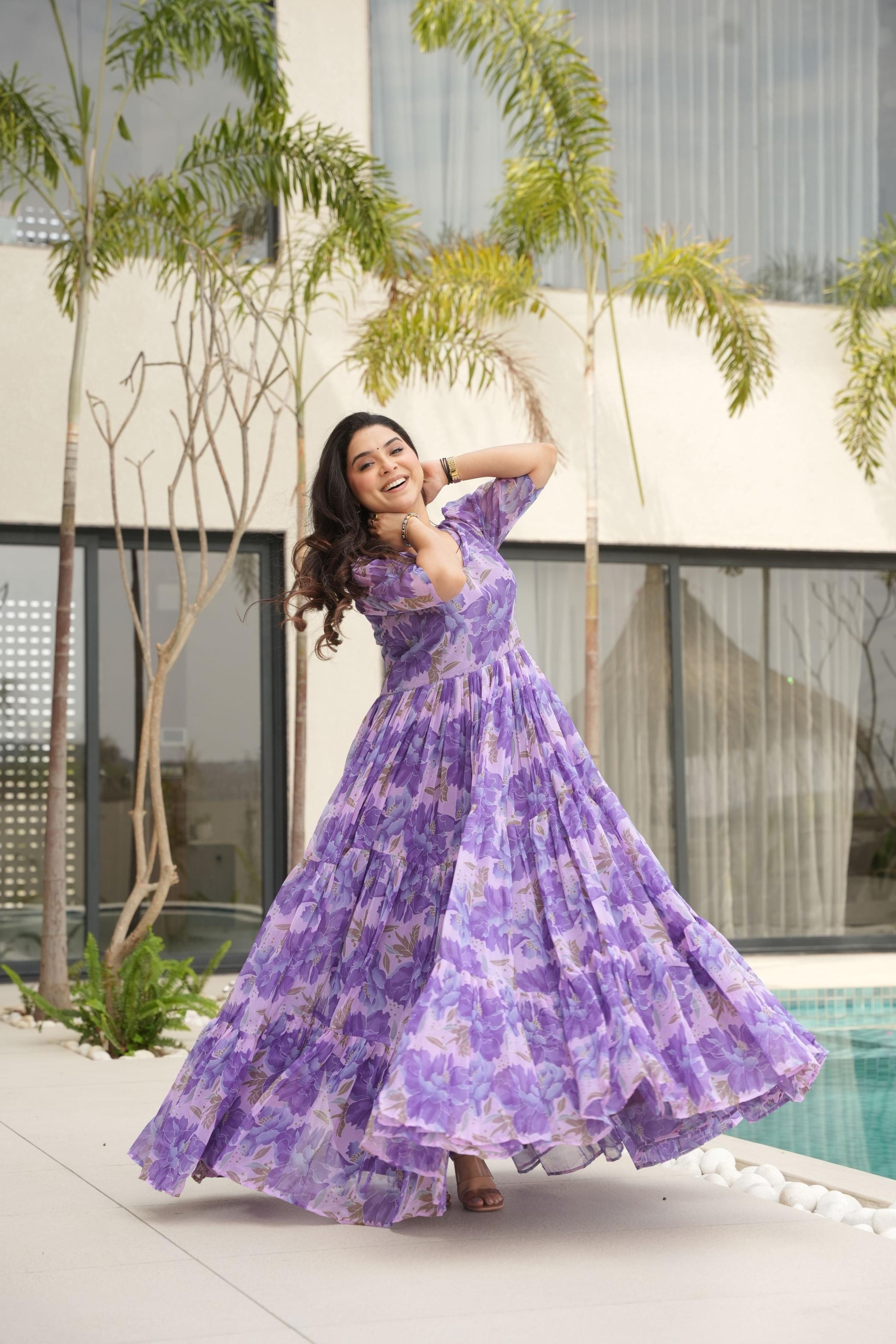 Jyoti Fashion Women's Purple Faux Georgette Floral Printed Designer Long Anarkali | Swadesiicart