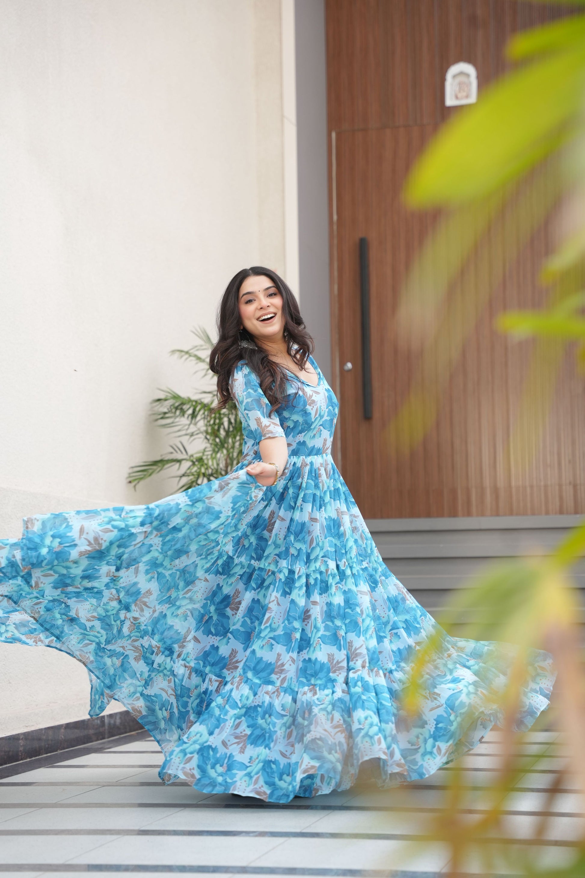 Jyoti Fashion Women's Sky Blue Faux Georgette Floral Printed Designer Long Anarkali | Swadesiicart