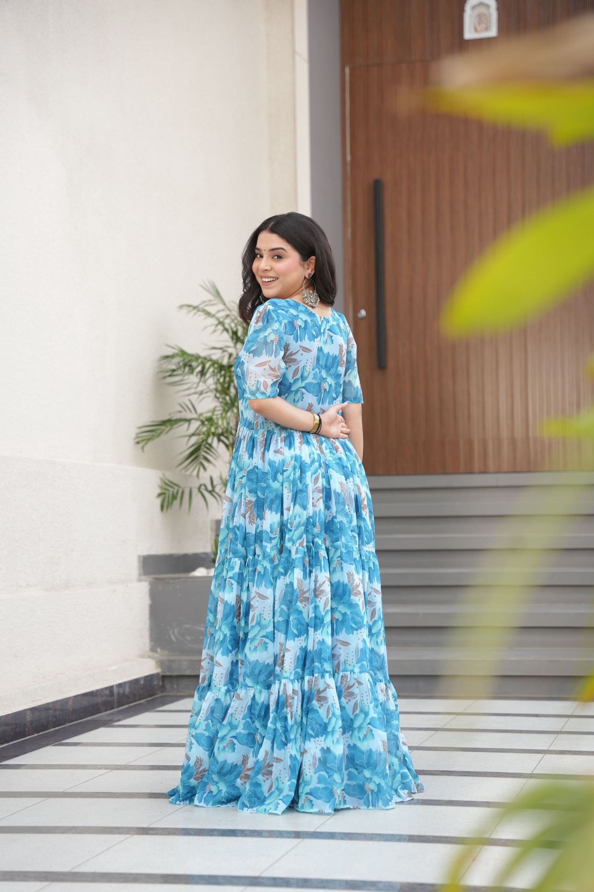 Jyoti Fashion Women's Sky Blue Faux Georgette Floral Printed Designer Long Anarkali | Swadesiicart