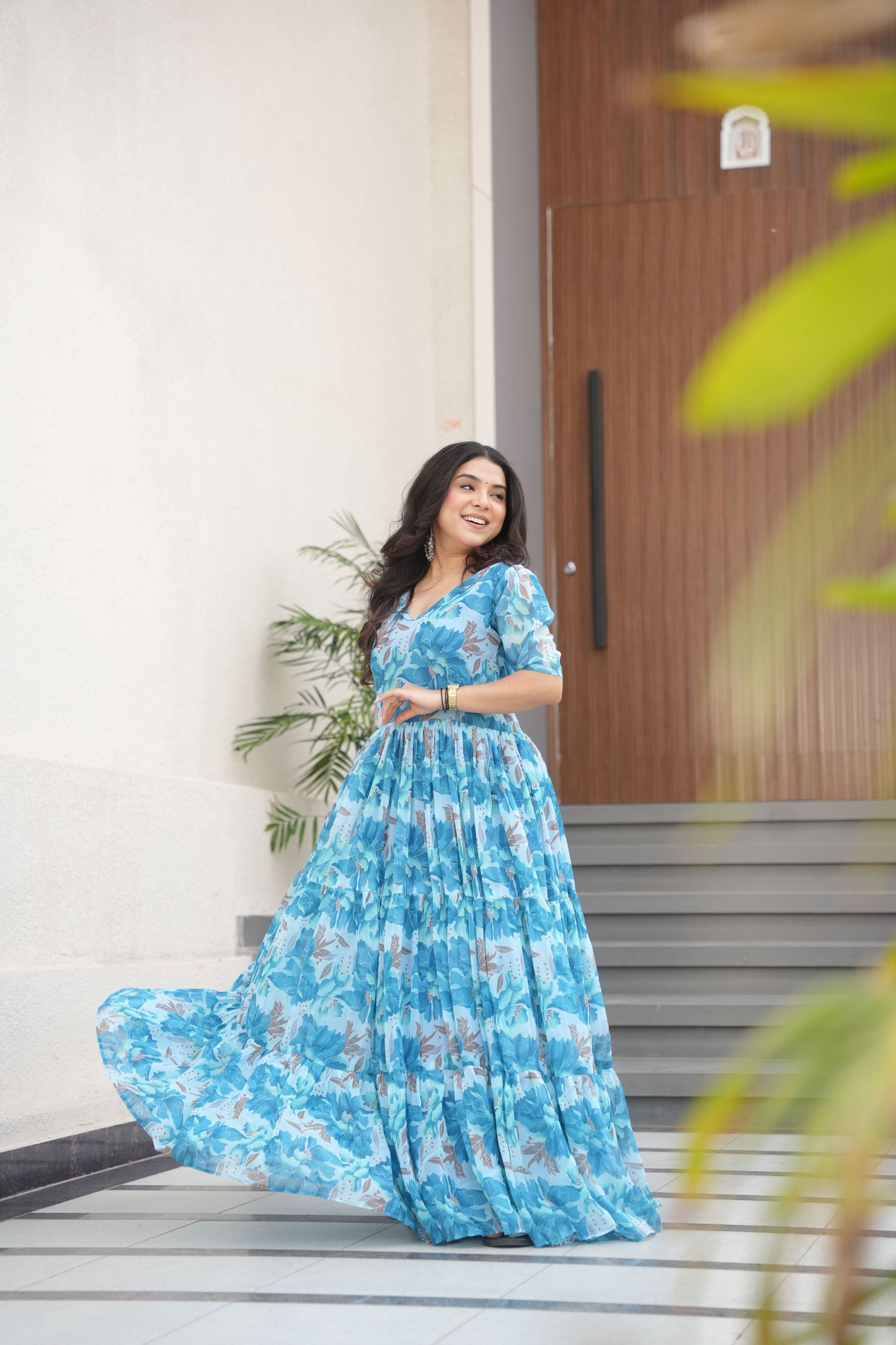 Jyoti Fashion Women's Sky Blue Faux Georgette Floral Printed Designer Long Anarkali | Swadesiicart