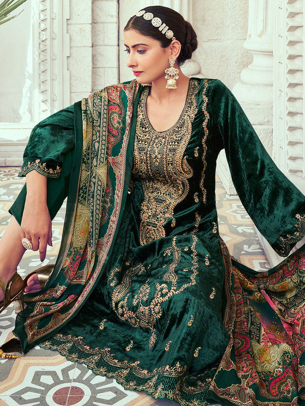Jyoti Fashion Women's Green Velvet Cording with Digital Printed Kurta with Trouser & Dupatta | Swadesiicart