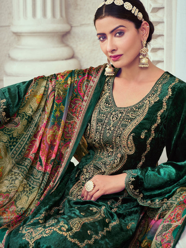 Jyoti Fashion Women's Green Velvet Cording with Digital Printed Kurta with Trouser & Dupatta | Swadesiicart