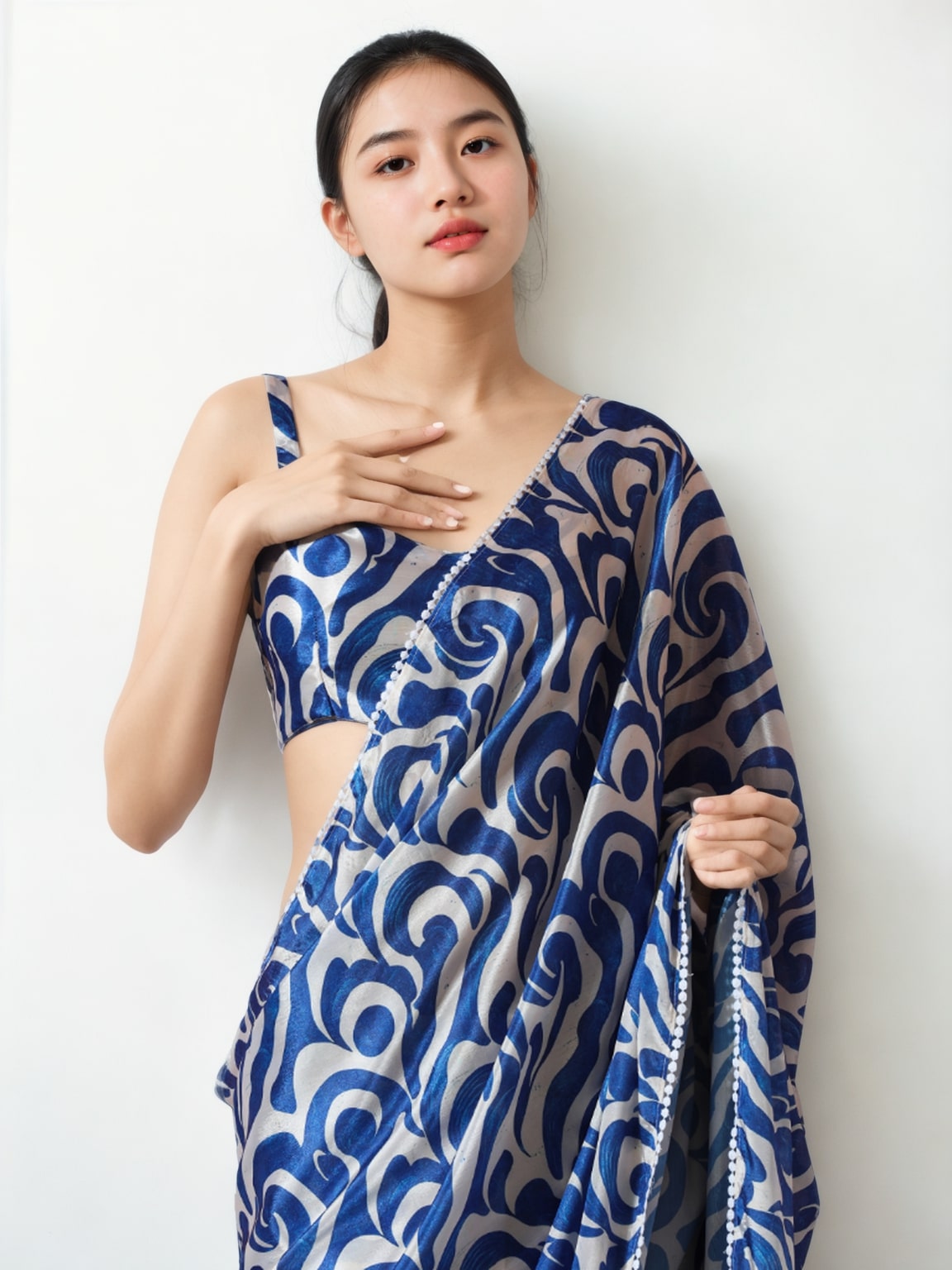 Jyoti Fashion Women's Blue Chinon Digital Printed Ready To Wear Saree with Blouse | Swadesiicart