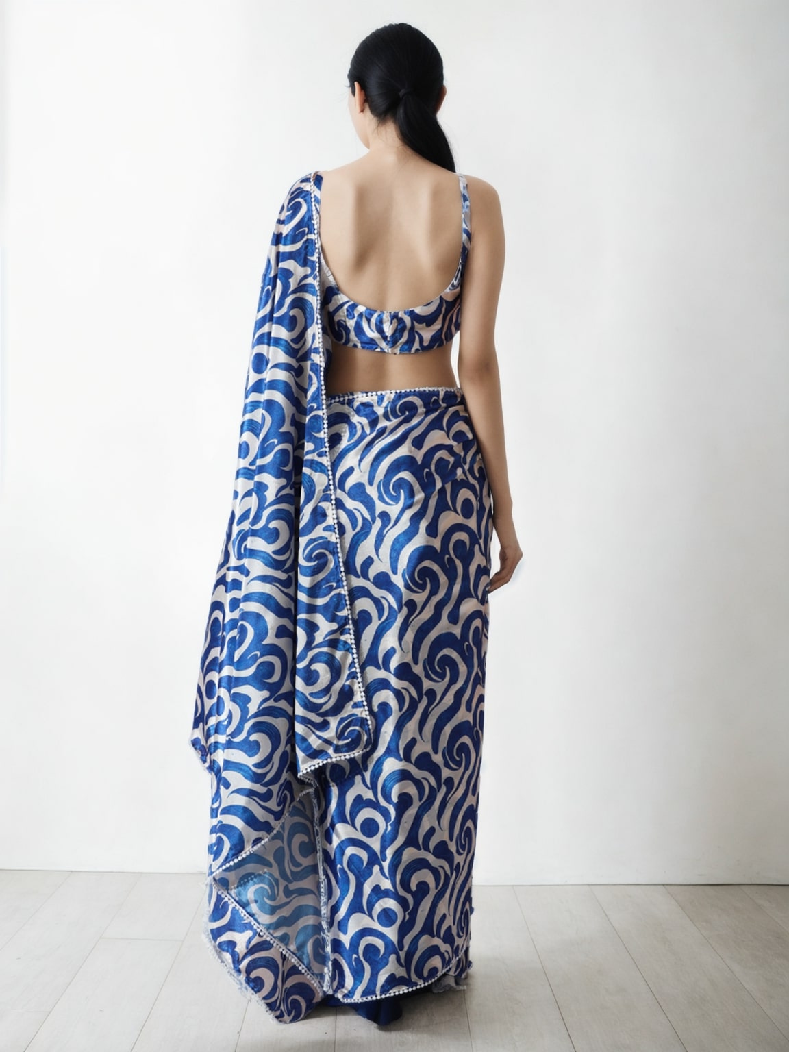 Jyoti Fashion Women's Blue Chinon Digital Printed Ready To Wear Saree with Blouse | Swadesiicart