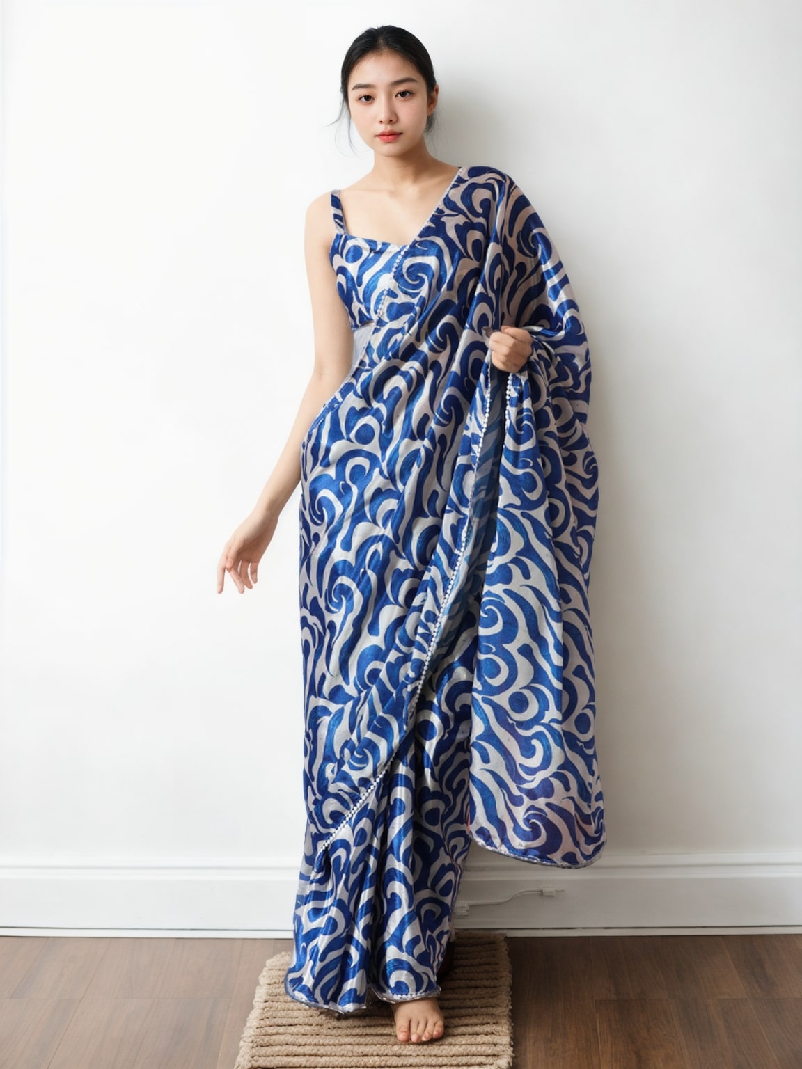 Jyoti Fashion Women's Blue Chinon Digital Printed Ready To Wear Saree with Blouse | Swadesiicart