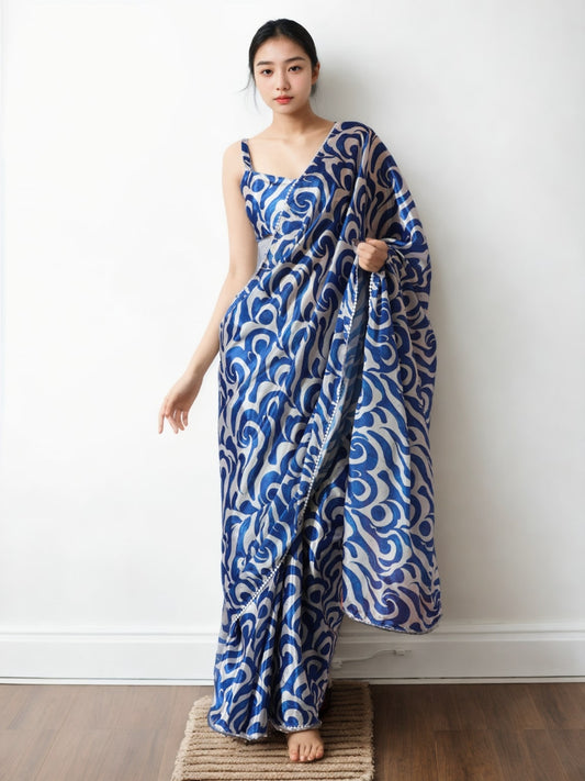 Jyoti Fashion Women's Blue Chinon Digital Printed Ready To Wear Saree with Blouse | Swadesiicart