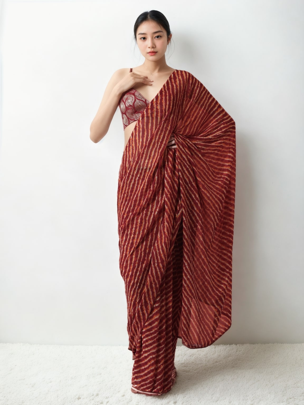 Jyoti Fashion Women's Maroon Marble Chiffon Printed Ready To Wear Saree with Blouse | Swadesiicart