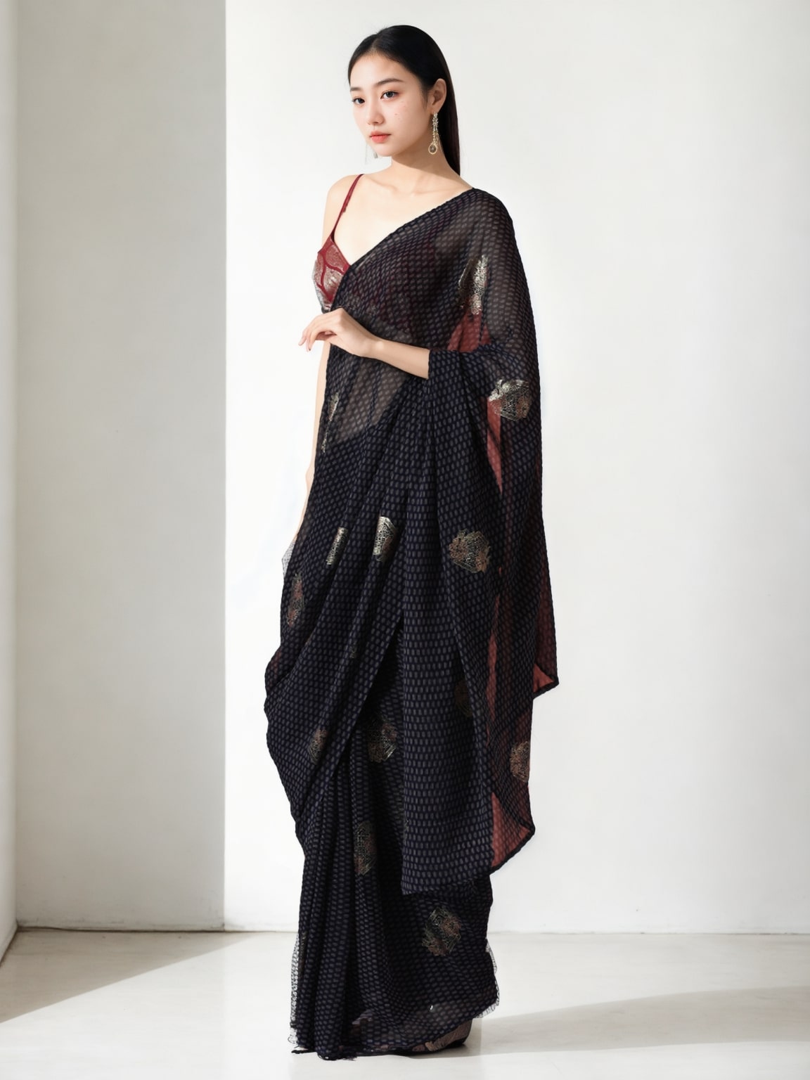 Jyoti Fashion Women's Black Marble Chiffon Printed Ready To Wear Saree with Blouse | Swadesiicart