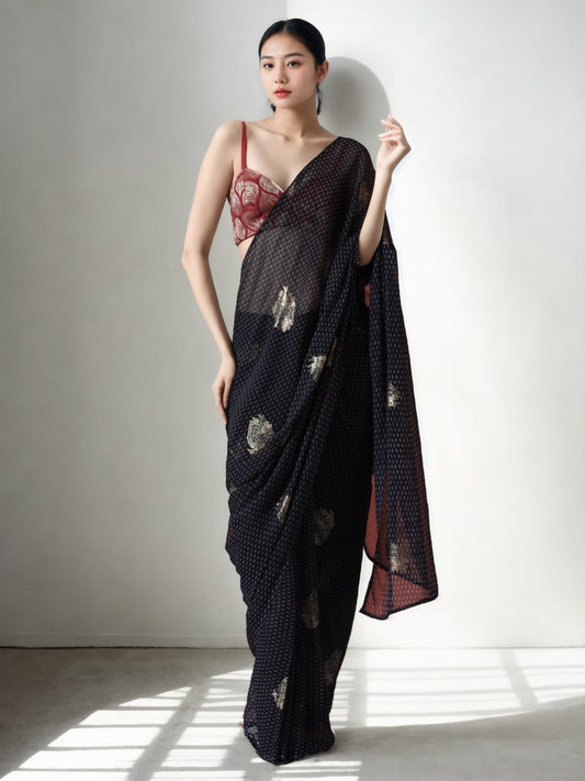 Jyoti Fashion Women's Black Marble Chiffon Printed Ready To Wear Saree with Blouse | Swadesiicart