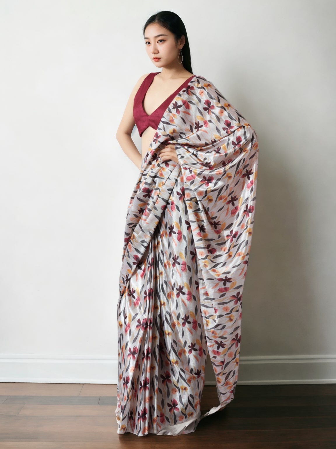 Jyoti Fashion Women's Multicolor Chinon Digital Printed Ready To Wear Saree with Blouse | Swadesiicart