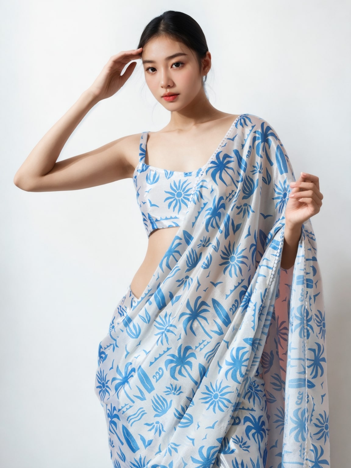 Jyoti Fashion Women's Sky Blue Chinon Digital Printed Ready To Wear Saree with Blouse | Swadesiicart
