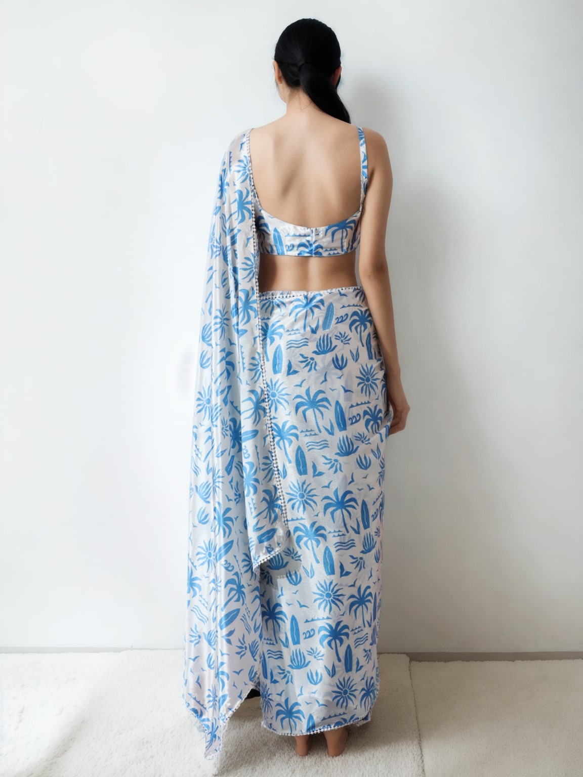 Jyoti Fashion Women's Sky Blue Chinon Digital Printed Ready To Wear Saree with Blouse | Swadesiicart