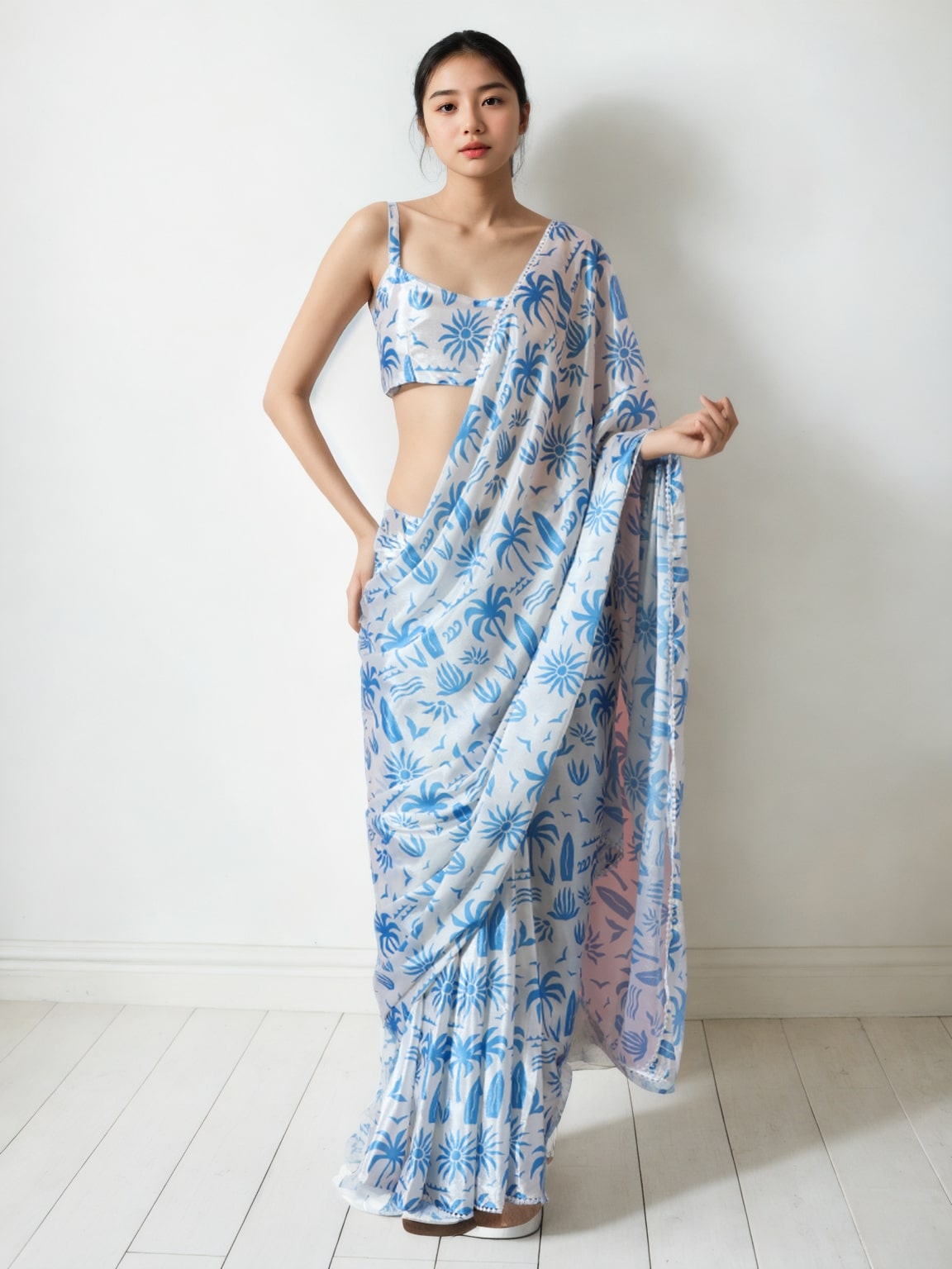 Jyoti Fashion Women's Sky Blue Chinon Digital Printed Ready To Wear Saree with Blouse | Swadesiicart