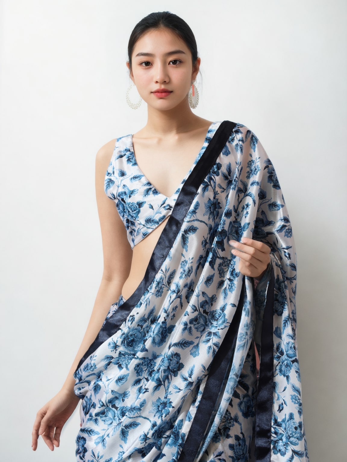 Jyoti Fashion Women's Navy Blue Chinon Digital Printed Ready To Wear Saree with Blouse | Swadesiicart