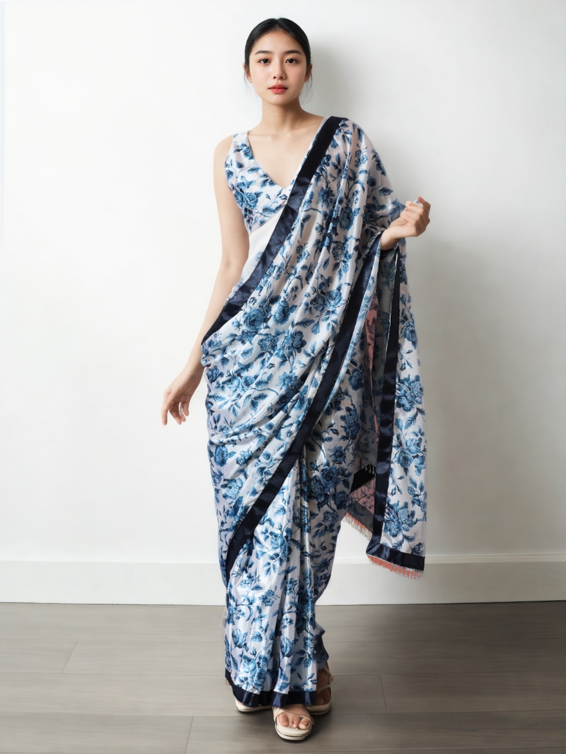 Jyoti Fashion Women's Navy Blue Chinon Digital Printed Ready To Wear Saree with Blouse | Swadesiicart