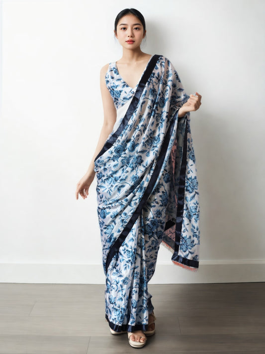 Jyoti Fashion Women's Navy Blue Chinon Digital Printed Ready To Wear Saree with Blouse | Swadesiicart