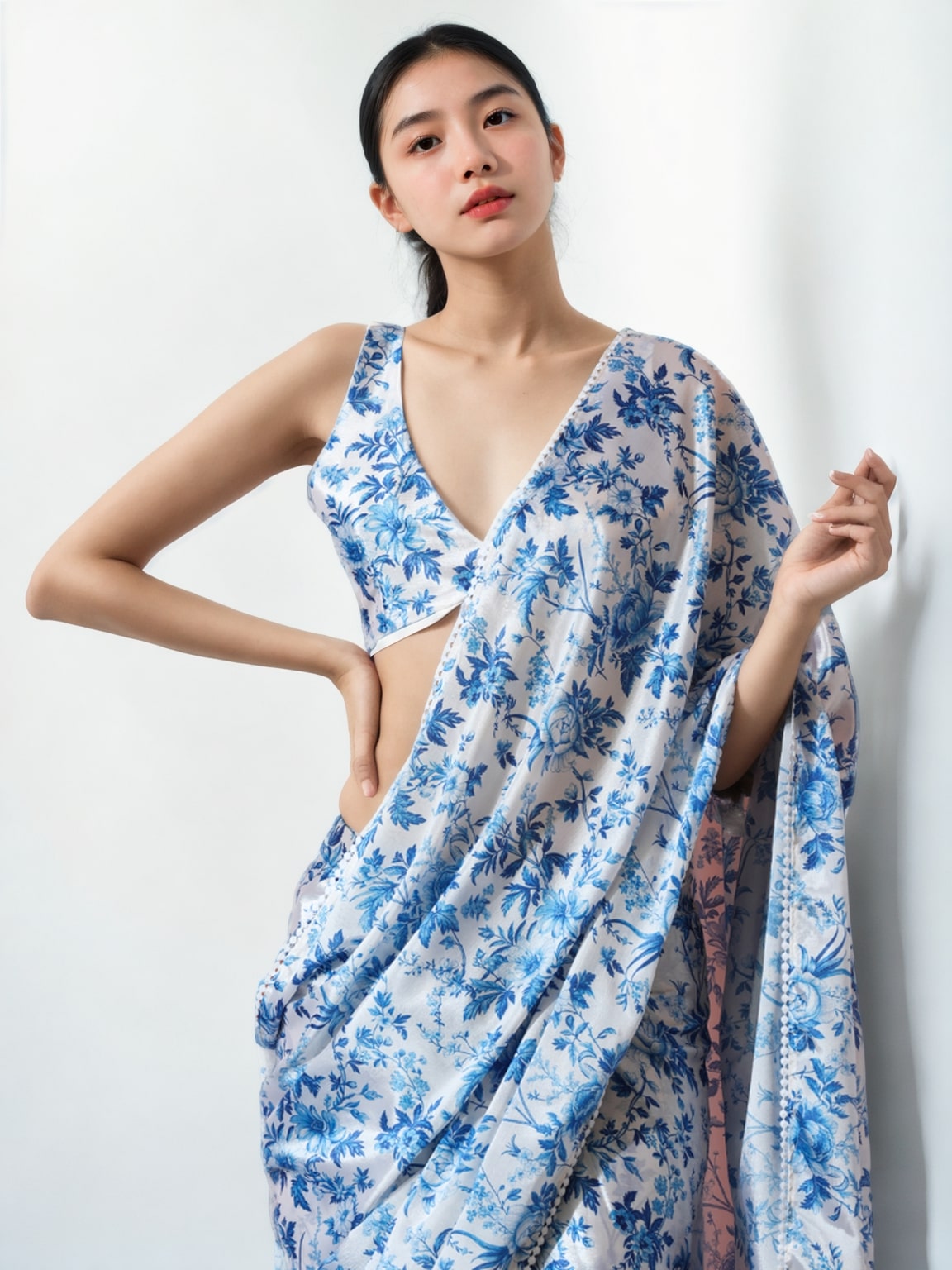 Jyoti Fashion Women's Blue Chinon Digital Printed Ready To Wear Saree with Blouse | Swadesiicart