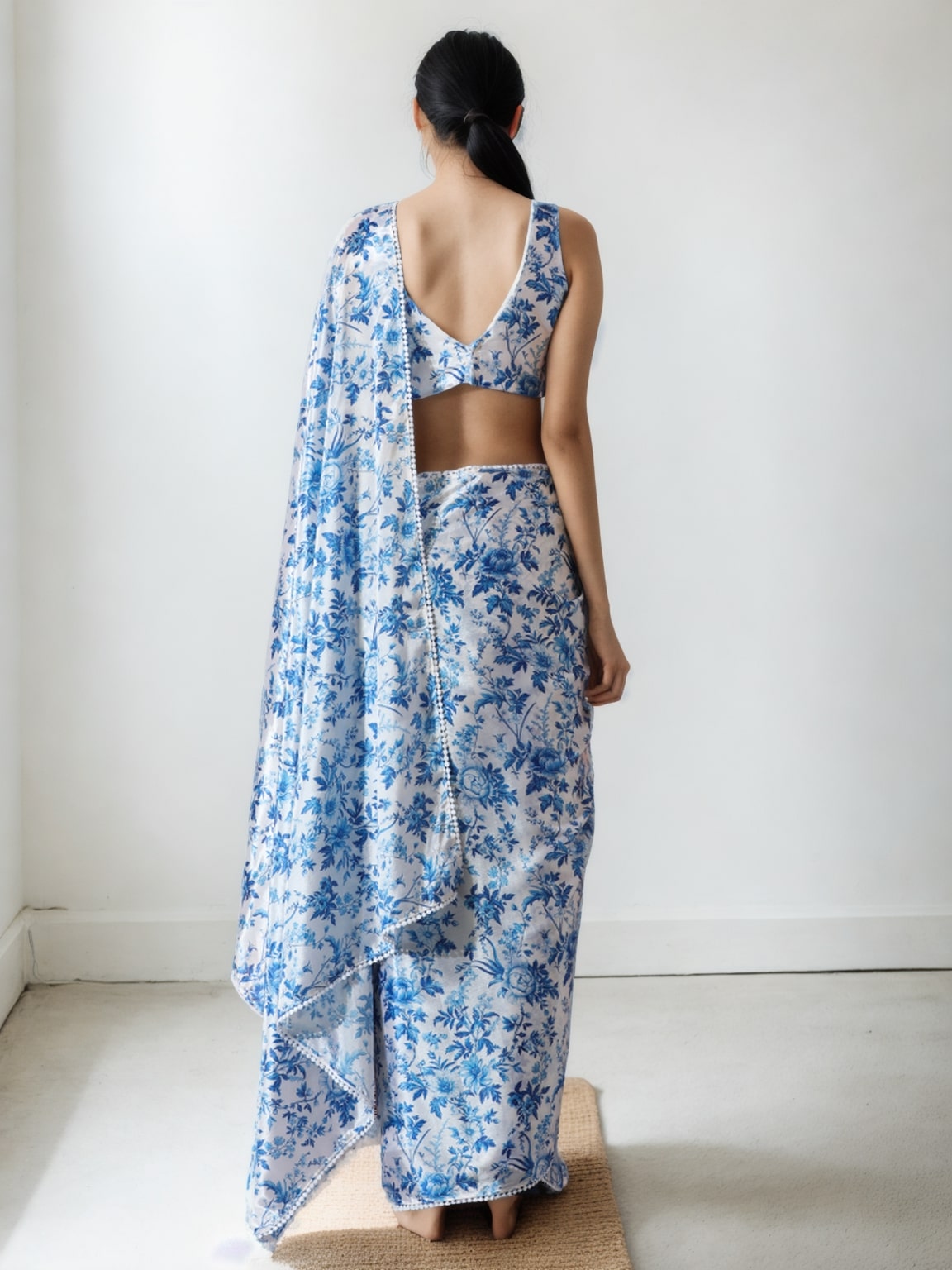 Jyoti Fashion Women's Blue Chinon Digital Printed Ready To Wear Saree with Blouse | Swadesiicart