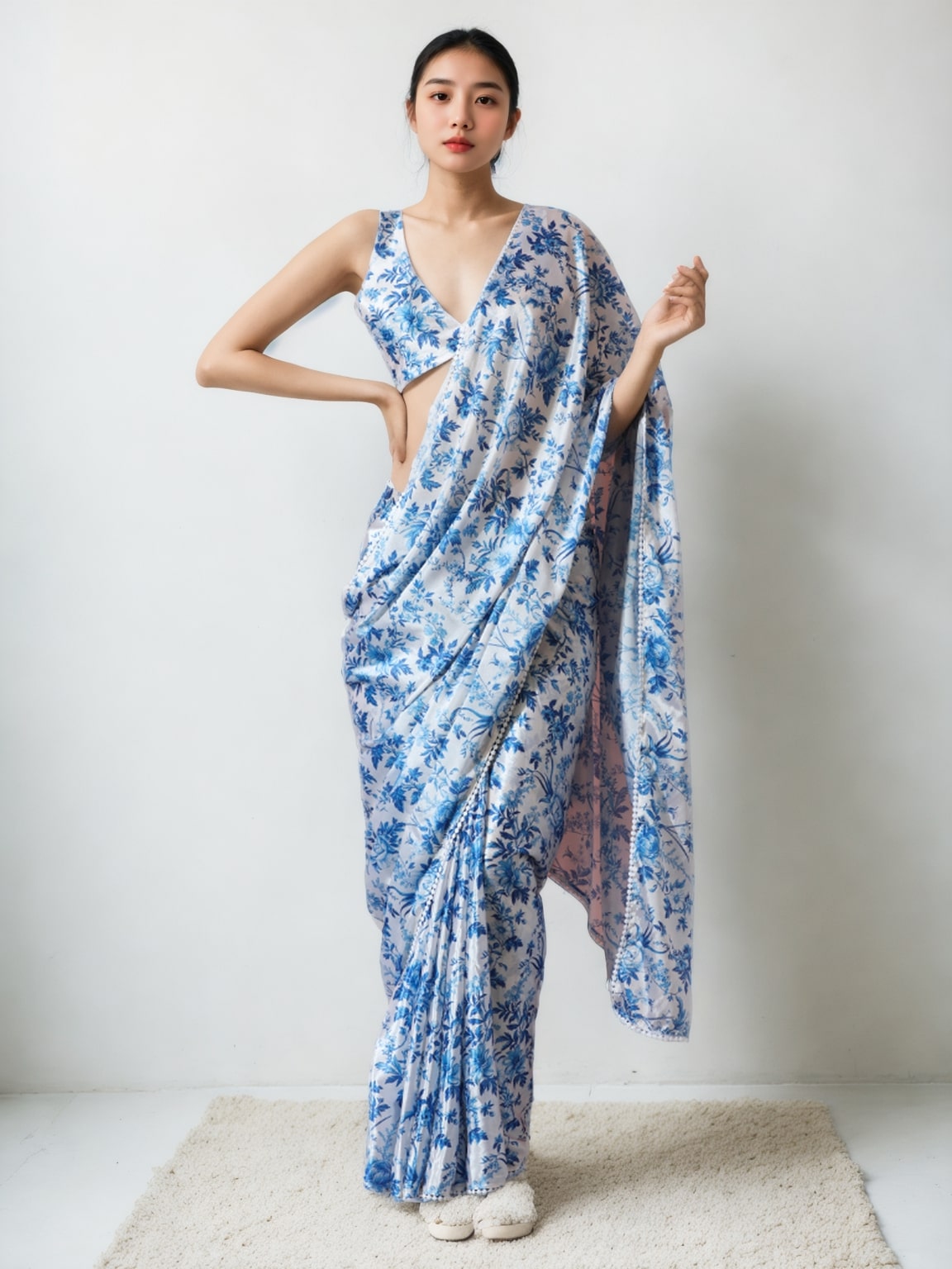 Jyoti Fashion Women's Blue Chinon Digital Printed Ready To Wear Saree with Blouse | Swadesiicart