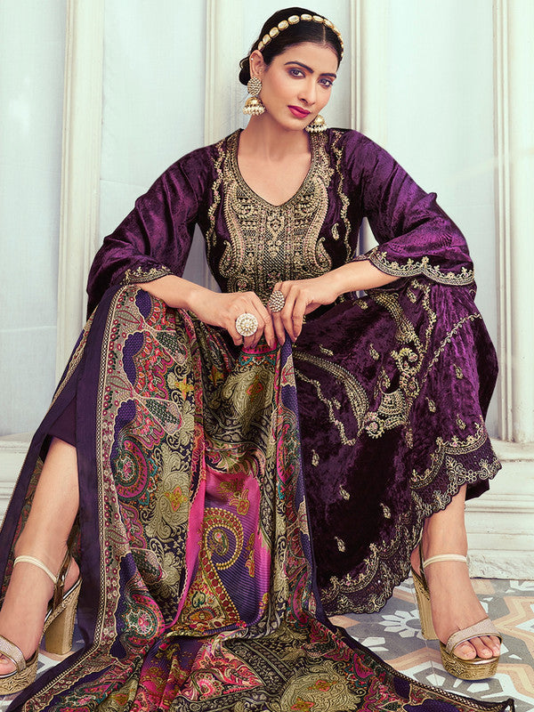 Jyoti Fashion Women's Purple Velvet Cording with Digital Printed Kurta with Trouser & Dupatta | Swadesiicart