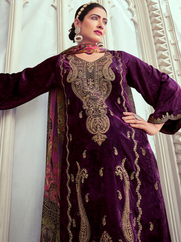 Jyoti Fashion Women's Purple Velvet Cording with Digital Printed Kurta with Trouser & Dupatta | Swadesiicart