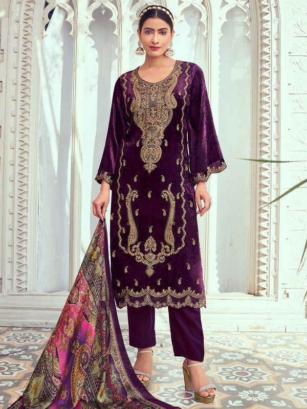 Jyoti Fashion Women's Purple Velvet Cording with Digital Printed Kurta with Trouser & Dupatta | Swadesiicart