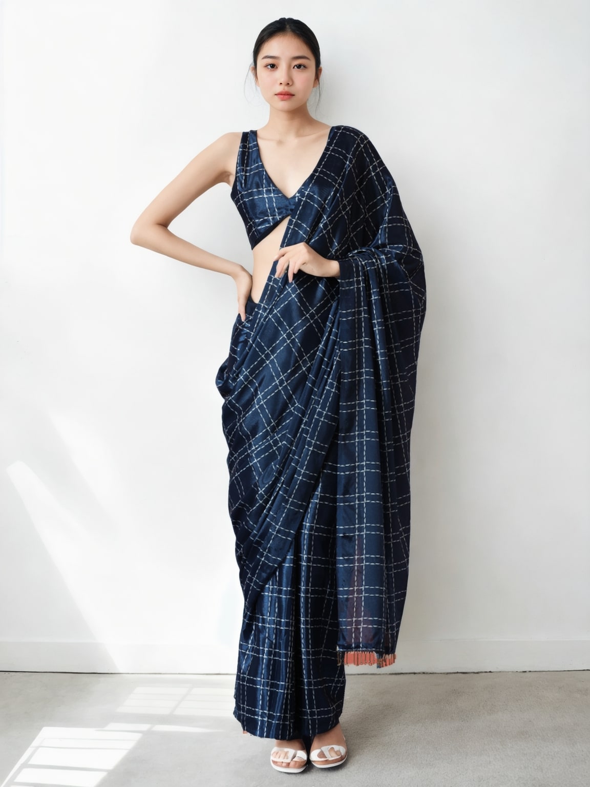 Jyoti Fashion Women's Navy Blue Chinon Digital Printed Ready To Wear Saree with Blouse | Swadesiicart
