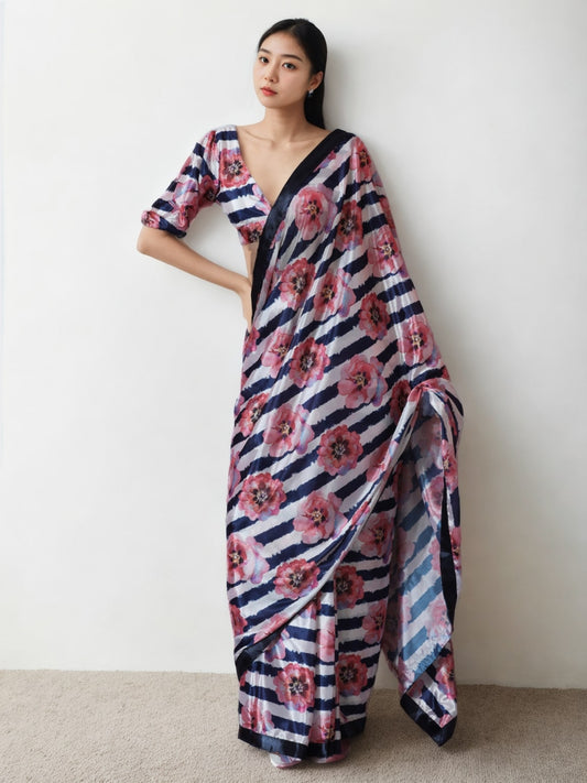 Jyoti Fashion Women's Multicolor Chinon Digital Printed Ready To Wear Saree with Blouse | Swadesiicart