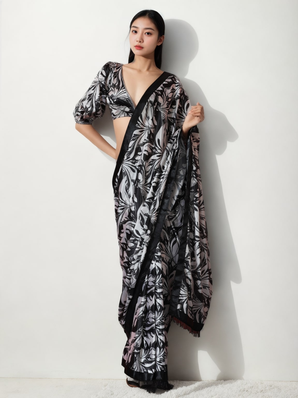 Jyoti Fashion Women's Black Chinon Digital Printed Ready To Wear Saree with Blouse | Swadesiicart