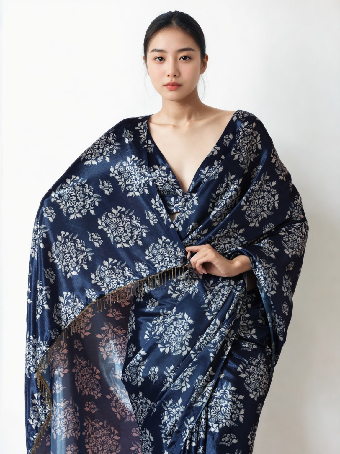 Jyoti Fashion Women's Navy Blue Chinon Digital Printed Ready To Wear Saree with Blouse | Swadesiicart