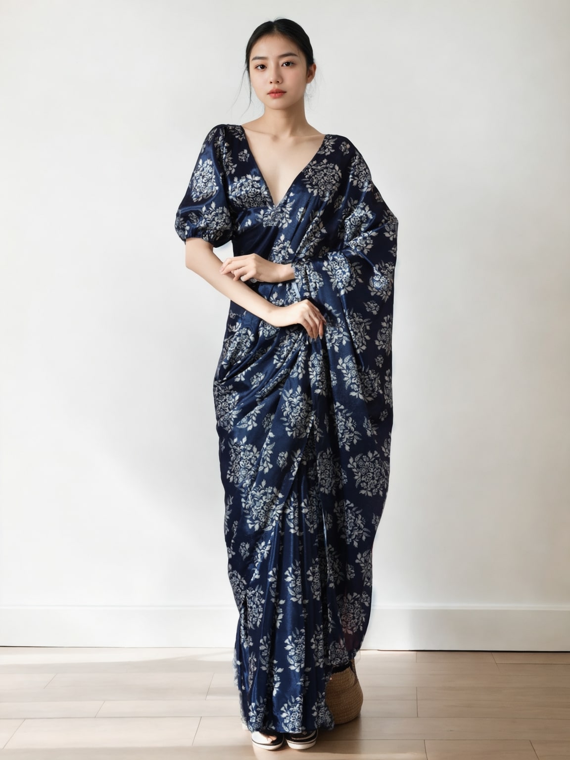 Jyoti Fashion Women's Navy Blue Chinon Digital Printed Ready To Wear Saree with Blouse | Swadesiicart