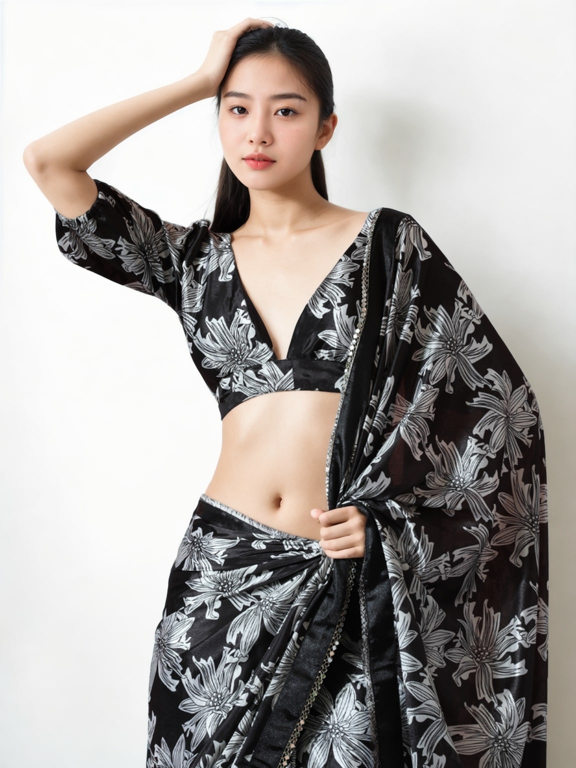 Jyoti Fashion Women's Black Chinon Digital Printed Ready To Wear Saree with Blouse | Swadesiicart