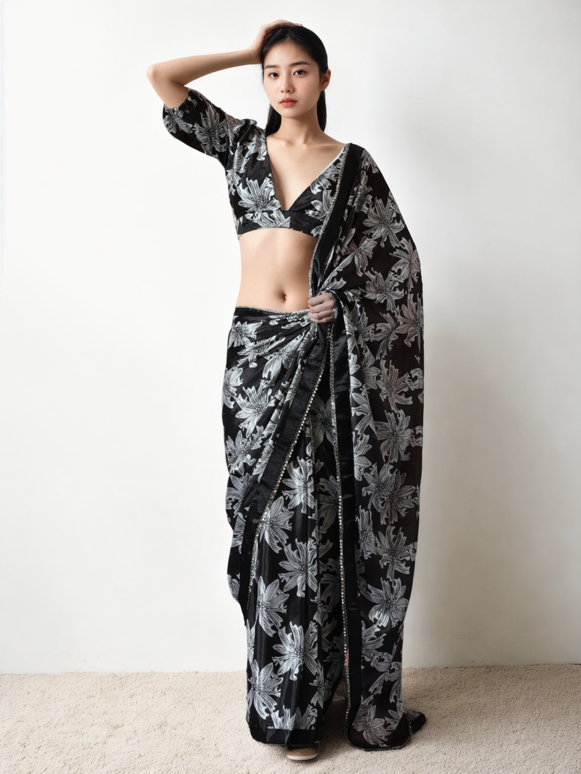 Jyoti Fashion Women's Black Chinon Digital Printed Ready To Wear Saree with Blouse | Swadesiicart