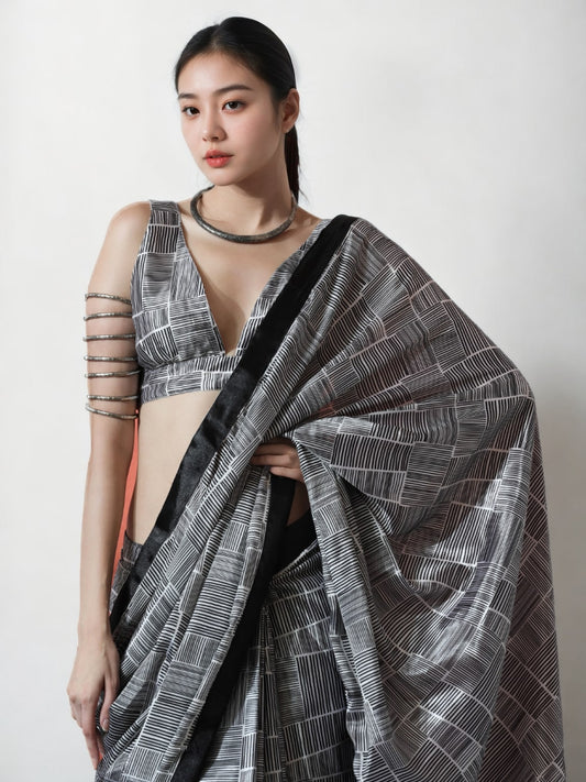 Jyoti Fashion Women's Grey Chinon Digital Printed Ready To Wear Saree with Blouse | Swadesiicart