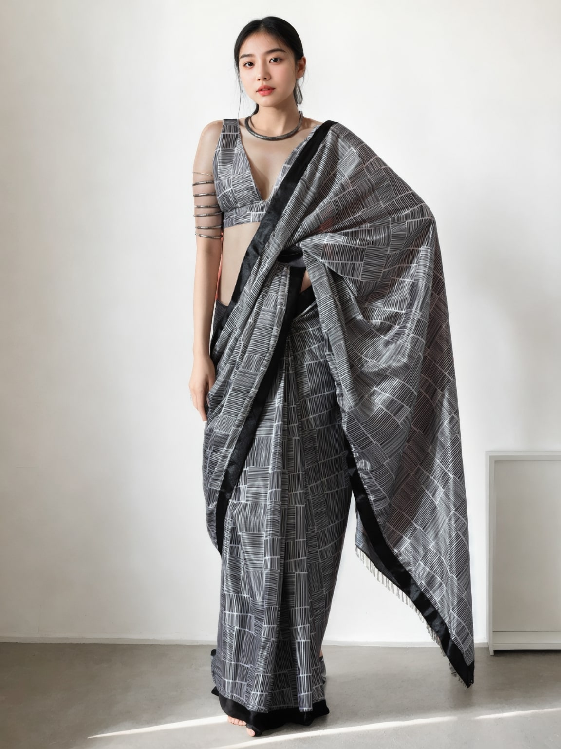 Jyoti Fashion Women's Grey Chinon Digital Printed Ready To Wear Saree with Blouse | Swadesiicart